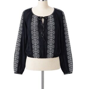 Max Studio Boho Embroidered Peasant Blouse Womens Medium Black Festival Top